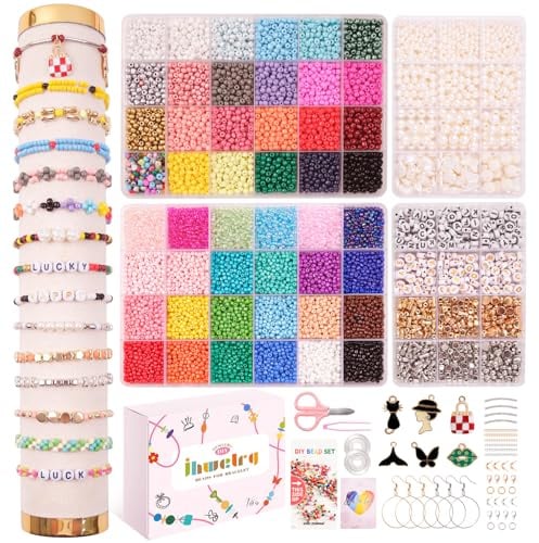 JHWELRG Selber Machen 4mm und 3mm Perlen für Armbänder 4-Kits,DIY Schmuckherstellung Perlen zum Auffädeln,Mit Buchstaben Beads,Geschenk für Erwachsene & Kinder für Weihnachtsferien,Geburtstags,Partys