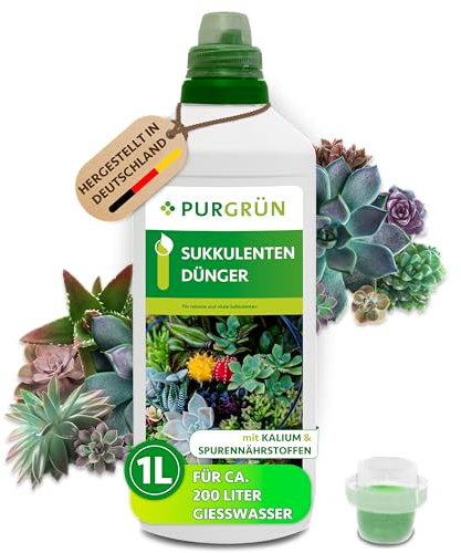 Purgrün® Sukkulenten-Dünger 1 Liter – Spurennährstoffe für kompaktes Wachstum – Extra Kalium stärkt die Widerstandskraft – Ergiebiges Konzentrat für 200 Liter Gießwasser – Premium-Flüssigdünger