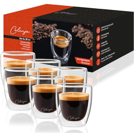 Colenja Doppelwandige Kaffeegläser für Espresso - 6er Set 80ml - hochwertige Espressogläser – kratzfestes Glas - Borosilikatglas - Spülmaschinengeeignet - Kaffeeglas
