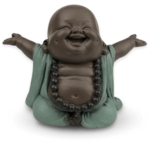 Lachender Buddha Willkommen - Glücksbringer Statue - Zen und Feng Shui Dekoration - für eine entspannende und spirituelle Atmosphäre - Geschenkidee - Breite: 9cm - Farbe: Grün und Braun - Zen'Light