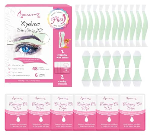 Beauty7 Augenbrauen Wachsstreifen vorgeschnitten augenbrauen wachs 48stk wax streifen mit 6stk Reiniger Öl Tücher Präzise Brauen-Enthaarung enthaarungsstreifen schnell persian wax strips