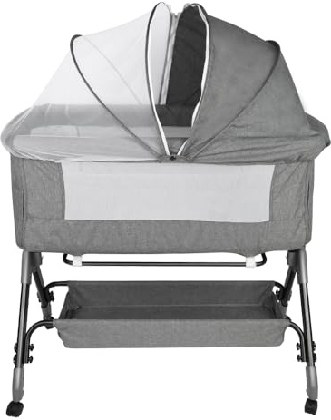 Kedia Babywiege mit Moskitonetz, Babybett & Reisebett mit Rollen, Babybett Wiege höhenverstellbar, Co-Sleeping-Babybetten (104 x 52 x 103–115 cm, Grau)