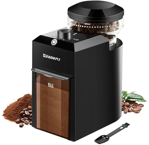 KIRAINAFLY Elektrische Kaffeemühle, einstellbare Kaffeemühle mit 28 präzisen Mahlgradeinstellungen für French Press, Filterkaffee und Espresso, 12 Tassen (Schwarz)
