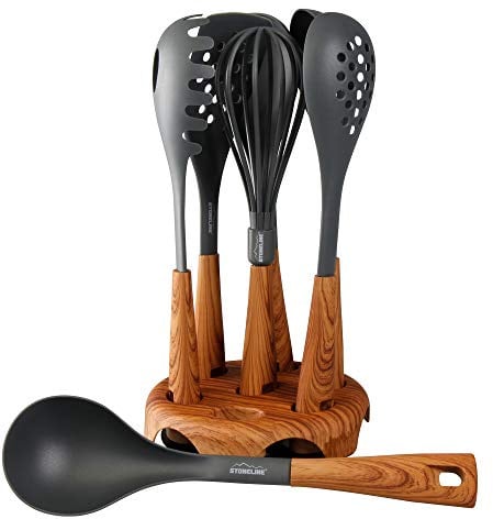 STONELINE Back to Nature 8-teiliges Küchenhelfer Set, Holzoptik, drehbarer Ständer, Kochbesteck für antihaftbeschichtes Koch- und Backgeschirr, stylisches Küchen Zubehör