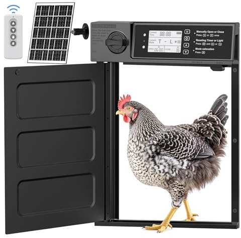 Große Größe Automatische Hühnerklappe Solar, Aluminum Seitliche Öffnung | Hühnerklappe Automatisch mit Lichtsensor & Timer, Elektrische Hühnertür mit 7W Solarpanel, LED Display, Fernbedienung