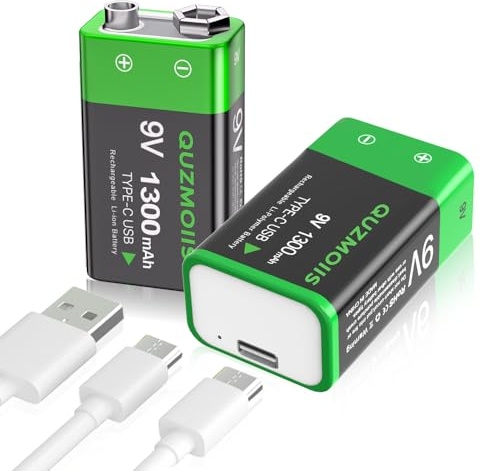 9V Wiederaufladbare Akku, 1300mAh Lithium-Ionen 9 Volt Block Batterien Schnellladung über USB-C ideal für Rauchmelder, Feuermelder, Multimeter (2 Stück)