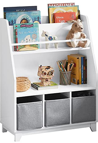 SoBuy Bücherregal Kinder Regal Kinderzimmer mit Ablagefächern und 3 Boxen Kinderregal Montessori Spielzeug Aufbewahrung für Kinder Spielzeug Organizer Weiß 63x80x28cm KMB34-W