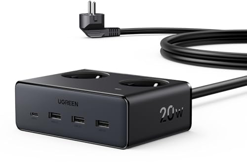 UGREEN Steckdosenleiste 6 in 1 mit USB C 20W Mehrfachsteckdose | mit Schalter USB A USB C Schnellladen 3680W Steckdosenwürfel mit Überspannungsschutz 1,4m Kabel für Schreibtisch, Büro