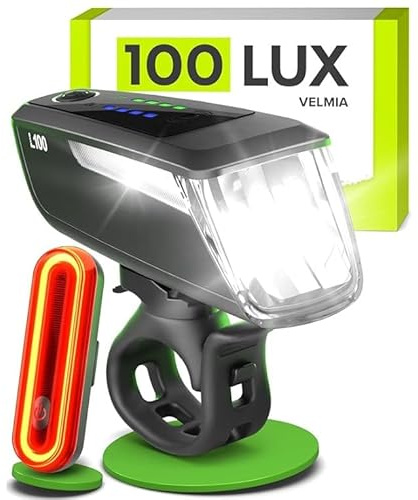 VELMIA Fahrradlichter Set [100 LUX] StVZO zugelassen mit besonders starker Ausleuchtung und 8,5h Leuchtdauer I LED Fahrradlicht Set regenfest und aufladbar I Fahrrad Licht, Fahrrad Zubehör Schwarz