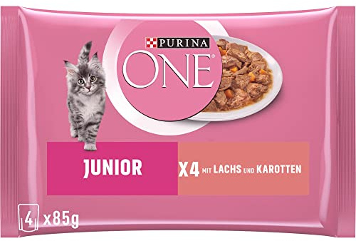 PURINA ONE Junior, mit Lachs und Karotten, 48er Pack (12 x 4 x 85g) | Katzenfutter nass