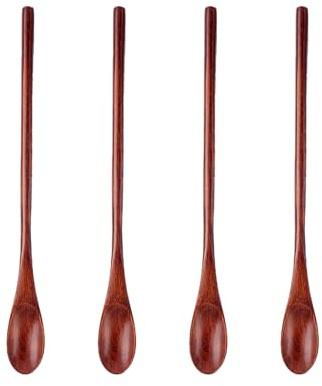 4 Stück Lange Löffel aus Holz, Honiglöffel Holz, Vintage Wiederverwendbare Holzdinnerutensilien, runde Löffel, Handgefertigte Naturholz Rührlöffel, für Haus Cafe Restaurant Camping, Reisen