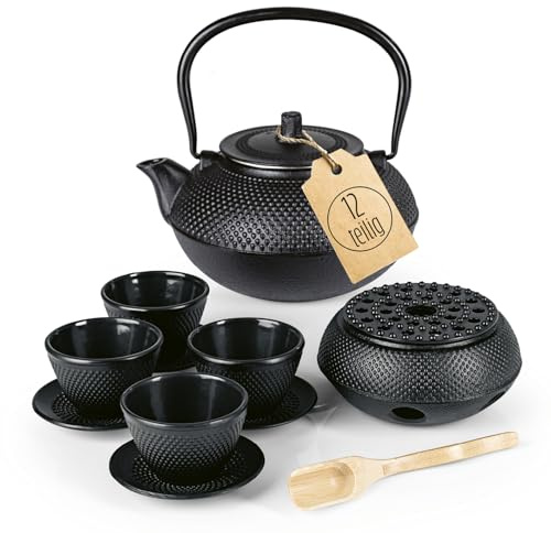 Lumaland Tee Set 12-teilig | 1,4 Liter Gusseiserne Teekanne Tetsubin | Stövchen aus Gusseisen | 4 Teebecher & 4 Untersetzer | Japanisches Teeset Inkl. Bambus Dosierlöffel & Edelstahl Sieb
