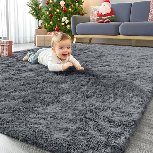 Homaxy Hochflor Flauschig Teppich Anti-Rutsch Unterseite Waschbar Klein Teppiche fürs Wohnzimmer, Kinderzimmer, Schlafzimmer - 60 x 100 cm, Dunkelgrau