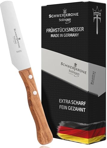 Schwertkrone Solingen Buttermesser Holz - Frühstücksmesser Olivenholzgriff - Dessertmesser Tafelmesser - Edelstahl Rostfrei - Made in Germany