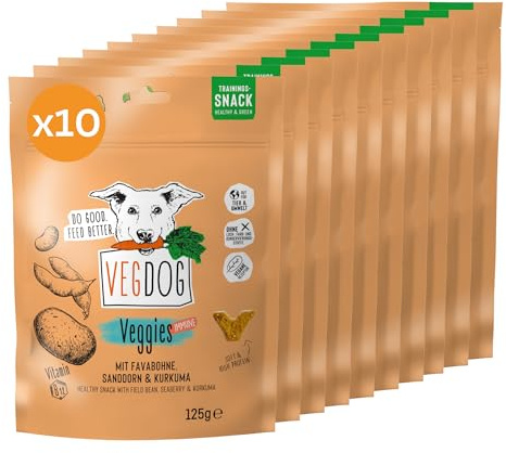VEGDOG Veggies Immune Hundesnack, hypoallergen, Proteinsnack, 10x125g | Trainingssnack für starkes Immunsystem, Proteinsnack für Allergiker mit Favabohne, Sanddorn & Kurkuma, ohne Allergene