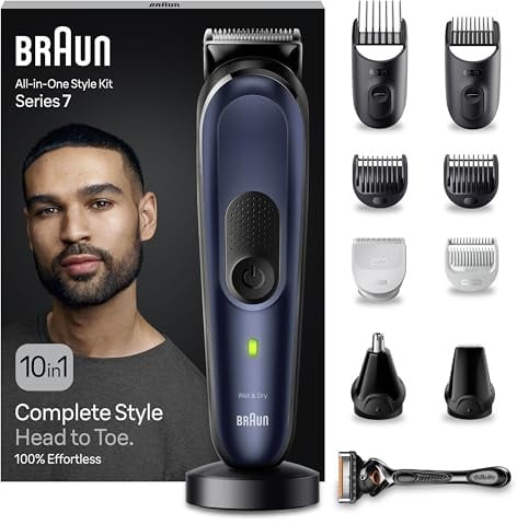 Braun All-In-One Trimmer-Set 7, 10-in-1 Multigroom, Barttrimmer, Nasenhaartrimmer, Haarschneidemaschine für Gesicht, Kopf und Körper, 100 Min. Akku, 14 Längen (3–21 mm), Wasserdicht, MGK7410, Blau