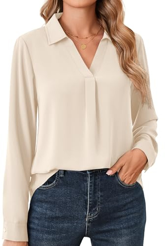 Beluring Bluse Damen Elegant Langarm Shirt Lässig V-Ausschnitt Blusenshirt Creme M