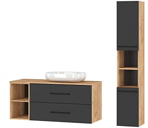 Planetmöbel Badmöbelset Waschtischunterschrank LUX 120 cm | Gold Eiche / Anthrazit OHNE Waschbecken mit Hochschrank Gold Eiche / Anthrazit