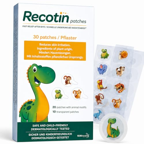Recotin Mückenpflaster – 30 Stück – Natürliche Wirkstoffe – Pflaster gegen Mückenstiche – Dermatologisch Getestet - Insektenstichheiler – 20x Tiermotive & 10x Transparent