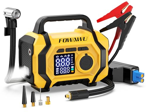 FOWAWU Booster Auto Starthilfe Powerbank mit Kompressor 9-in-1, Auto Starthilfe Powerbank 8000A 26800mAh(bis All Benzin, 10L Diesel), Luftpumpe Elektrisch Akku 150psi Autostop Function