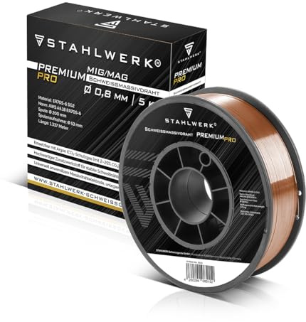 STAHLWERK MIG/MAG Stahl Schweißdraht Ø 0,8 mm ER70S-6 (SG2) – 5 kg D200-Spule für 50 mm Dorn, universell einsetzbar, hochwertiger Schweißmassivdraht für alle Stahlarbeiten mit Schutzgas, spritzarm