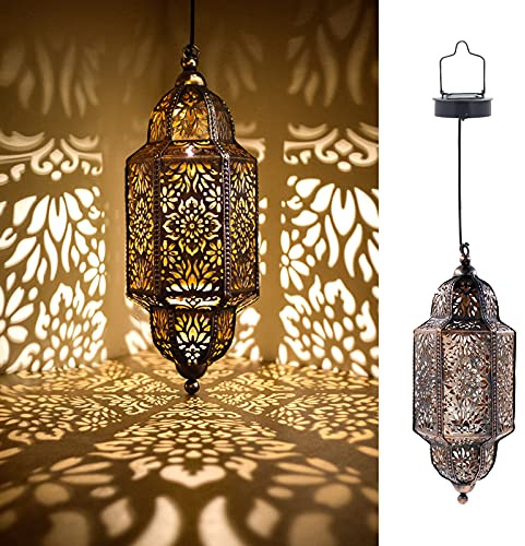 Lifeel Solarlaterne für außen, Marokkanisch Garten Laterne, Dekorative Solarlampe Hängend, Metall LED Solar Laterne für Draussen Baum Patio (Bronze)