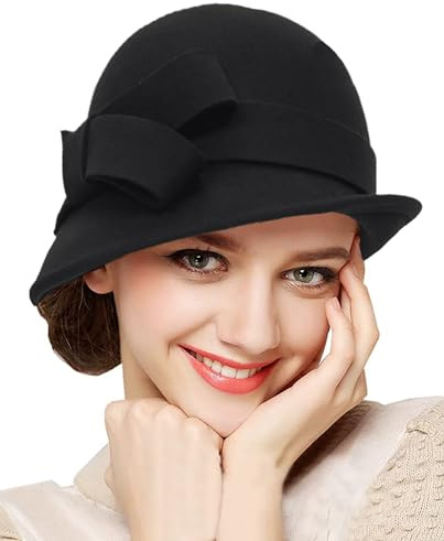 Damenhut aus Wolle im Stil der 1920er Jahre, Gatsby-Kirchenhut, Sombrero, Vintage, mit Schleife (M/L), Schwarz , M