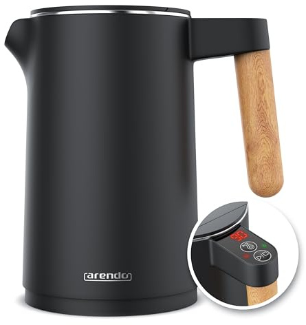 Arendo - Wasserkocher Edelstahl mit Temperatureinstellung - 45°C-100°C - 1.5 Liter - Doppelwand - BPA frei - Warmhaltefunktion - Teekocher mit Temperaturanzeige - Griff Cool Touch - Schwarz