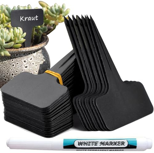 Orrdiffi 100Stk Plastik pflanzschilder für draussen wetterfest 6 * 10cm,Kunststoff Stecketiketten Pflanzenschilder zum Beschriften und Stift,kräuter schilder etiketten pflanzen (Schwarz)