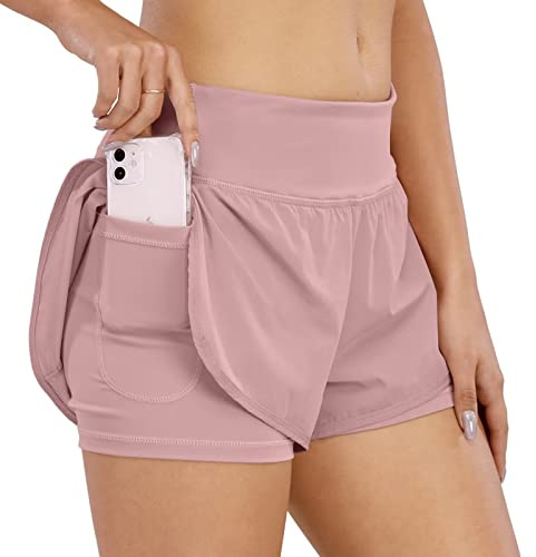 COTOP Laufhose Damen Kurz, 2 in 1 Sporthose Kurze Sommer mit Tasche, Midwaist Sport Shorts Teenager Mädchen mit Elastisch Unterhose für Volleyball, Joggen, Gym (Rosa L)