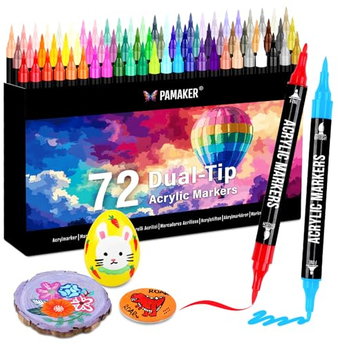 Pamaker 72 Farben Acrylstifte Set – Acrylmarker mit feiner Spitze und Pinsel für Stoff, Leinwand, Glas, Holz und Papier – zum Zeichnen und DIY-Bastelprojekte