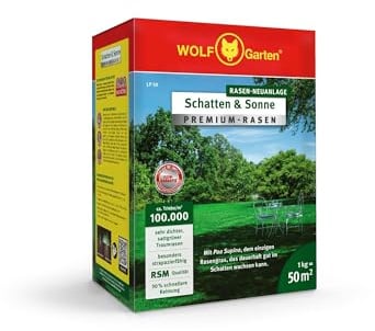 WOLF-Garten „Schatten & Sonne“ Premium-Rasen LP 50 (für 50 m², sehr hohe Dichte mit ca. 100.000 Trieben/m2, besonders strapazierfähig, hohe Schattenverträglichkeit, 1kg Faltschachtel) 3820031
