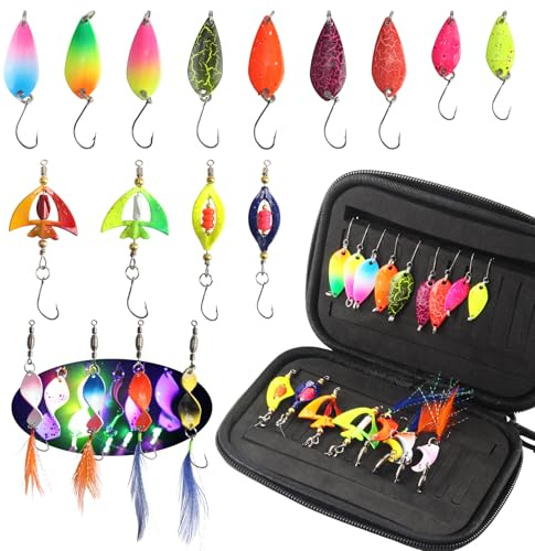 Sunyunze 17 Stück Forellen Angeln Spoon Set UV Aktiv Forellenköder 1.5g/2.5g/3.5g/3.8g/4.2g Blinker Twist Forellen Blinker Angeln Forelle Spinner Set Trout Angelzubehör mit Aufbewahrungsbox
