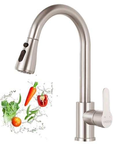 Wasserhahn Küche, Hochdruck Küchenarmatur mit Herausziehbarer Brause Ausziehbar Armatur, Mischbatterie Küche Spültischarmatur Brause 3 Modus, Edelstahl