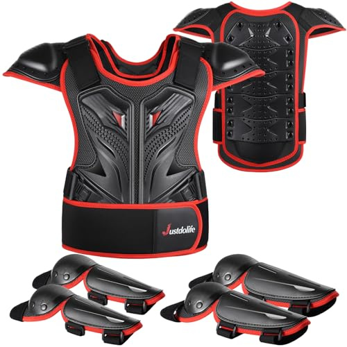 JUSTDOLIFE 5 Stück Motorrad Schutz Jacke, Motorrad-Rüstungsset für Kinder Jugend-Motocross Schutzkleidung für Jungen Mädchen Brustschutz mit Ellbogen Knieschonern für Radfahren Skateboarden (Rot)