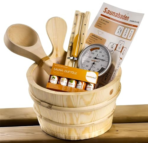 time4wellness Sauna Eimer Set 11 teiliges Zubehör inkl. Kelle, Thermometer, Hygrometer und Saunaduft - perfekt für das Wellness Erlebnis
