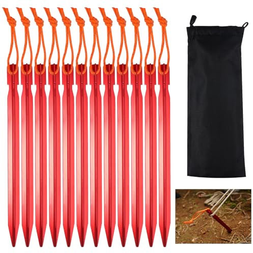 12 Stück Camping Heringe Rot,Sandheringe Aluminium mit Aufbewahrungsbeutel,18cm Ultraleicht Heringe Sandheringe Zelthaken,Aluminium-Zeltheringe für Zeltbeschattung,Camping,Gartenarbeit