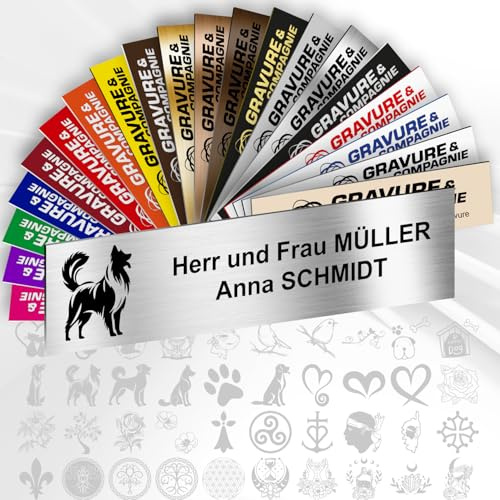 Briefkastenschild – Dekoratives PVC Namensschild mit Gravur (Name, Logo oder Motiv) – personalisierbar 1 bis 3 Zeilen – selbstklebend – 10 x 2,5 cm (Metallisch Alugrau + Design)