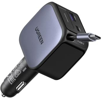 UGREEN Nexode 60W 3-Port Zigarettenanzünder USB-C Ausziehbares Auto Ladegerät 30W integriertes USB C Kabel Auto zubehör KfZ 12V Adapter für iPhone 17/16/15, iPad, Galaxy S25/24, GPS und mehr