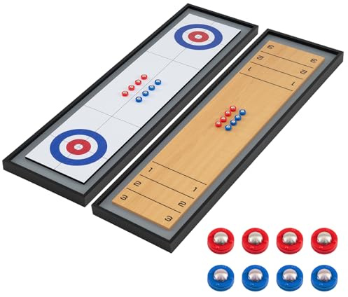COSTWAY 2 in 1 Shuffleboard & Curling, 114 x 32 cm Brettspiele mit 8 Pucks, tragbares Tisch-Shuffleboard, Table Top Game aus Holz, Tischkegelspiel für Kinder, Erwachsene