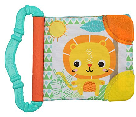 Bright Starts, Teethe & Read, Greifling zum Rasseln Stoffbuch & Tier Bilderbuch aus Stoff, Knisterbuch, Beißring zur Beruhigung des Zahnfleisches, Baby- & Kleinkindspielzeug ab 3 Monaten