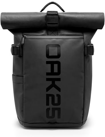 OAK25 Rolltop Rucksack Reflektierender Damen & Herren Schwarz - LumoSense Rolltop Lite - Roll Top Backpack für Arbeit Uni Fahrrad - Laptopfach bis 16 Zoll - Tagesrucksack 19L