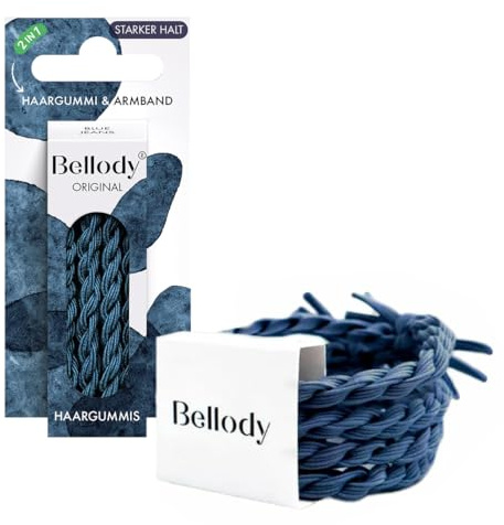 Bellody® Original Haargummis - Stylisch geflochtener Haargummi mit starkem Halt (4er Set - Blue Jeans) - Damen Haarschmuck in Dunkel Blau