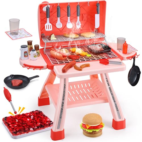 CUTE STONE Kinder BBQ Grill Spielzeug, Küche Set, Realistische Rauch BBQ Grill Spielset mit Spielzeug Küche Zubehör, Barbecue per Bambini Rosa