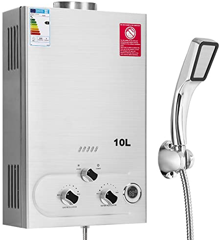 Fulgutonit 10L Gasdurchlauferhitzer mit Druckdusche,LPG Propan Butan Gas Durchlauferhitzer Passend für Zuhause,Wohnmobil und im Freien