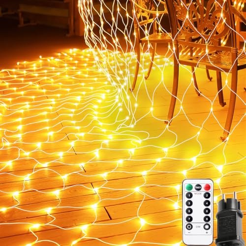 FZIFZI Lichternetz Außen, 3x2m 208 LED Lichterkette Außen Netz mit Fernbedienung Timer Warmweiß, Wasserdicht Lichternetz Innen 8 Modi LED Netz für Büsche Garten Balkon Zimmer, Anschließbar
