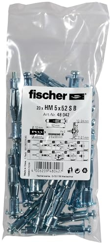 fischer Hohlraum-Metalldübel HM 5 x 52 S, Hohlraum-Metalldübel mit metrischer Schraube zum Befestigen von leichten Wandregalen, Gardinenschienen, uvm. in Plattenbaustoffen, 20 Stück