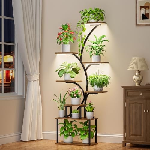 POZILAN Blumenständer pflanzenständer mit wachstumslicht - 158 cm 8 Etagen Pflanzenregal Blumenregal Metall Schwarz, Blumentreppe Pflanzentreppe Blumenbank für Mehrere Pflanzen, Plant Stand Shelf