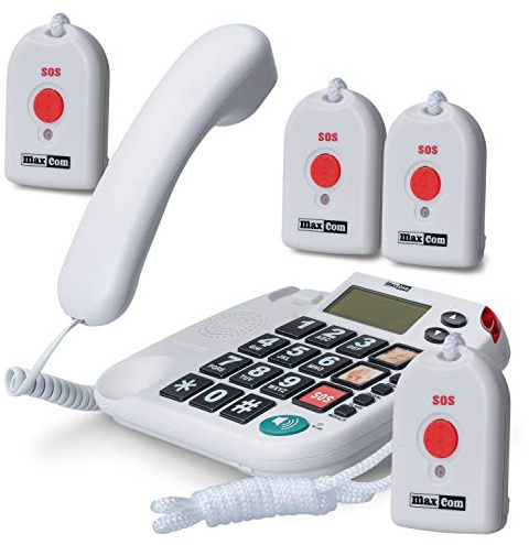 Maxcom KXT481SOS: Seniorentelefon mit Funk Notruf Sender und großen Tasten extra laut; schnurgebundenes Festnetztelefon mit 4X Notrufknopf Hausnotruf für Senioren