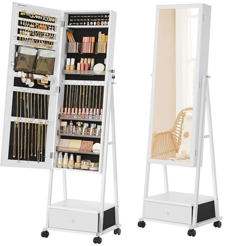 SONGMICS Schmuckschrank, Ganzkörperspiegel, Spiegelschrank, abschließbarer Schmuckorganizer mit Schublade, Rollen, Geschenkidee, weiß JJC004W02